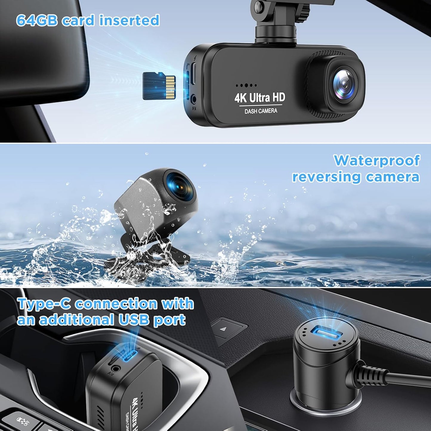 4K 1080P On-Dash-Monitoring Dual Dash Cam with Front and Rear WiFi for DEMO