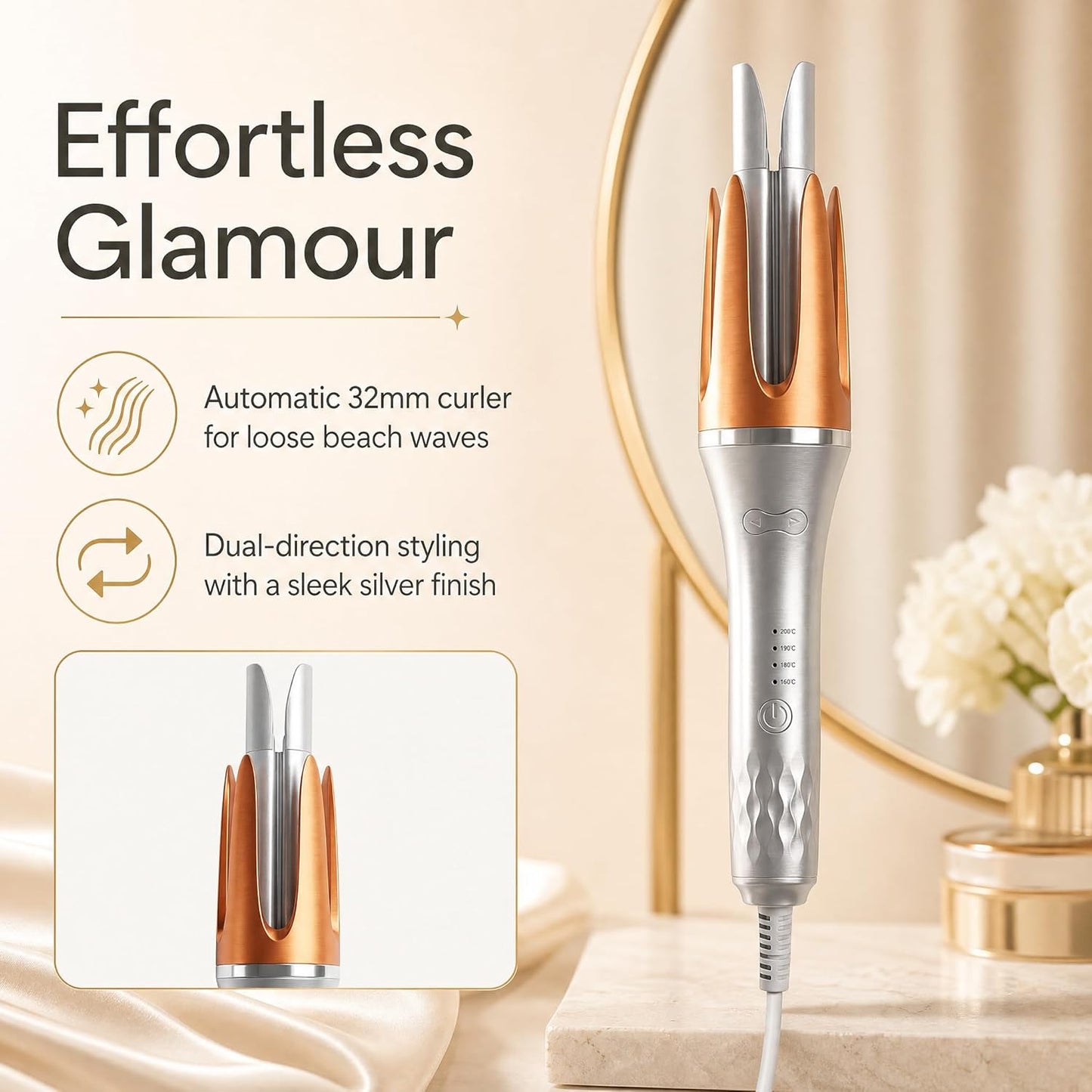 Automatic Curling Iron Ceramic Rotating Hair Styler Silver & Pink 32mm NEW