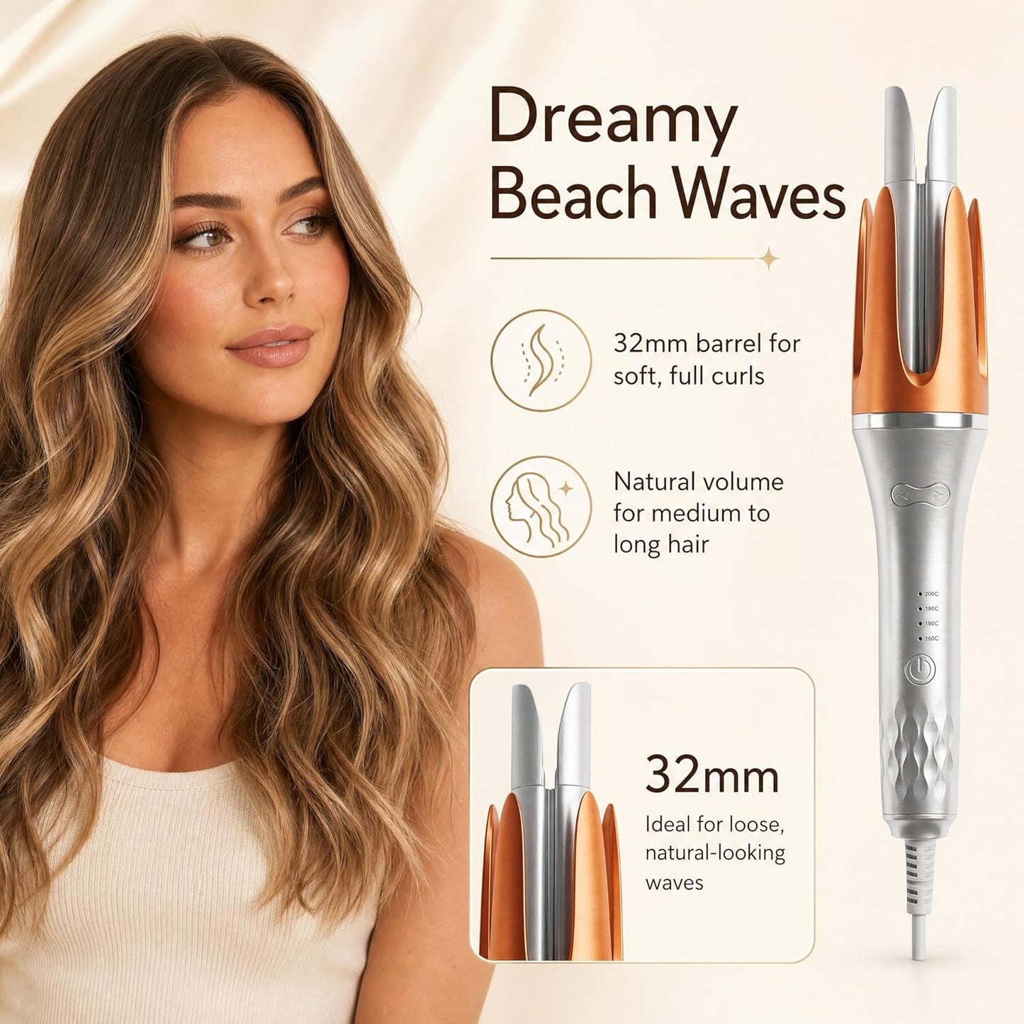 Automatic Curling Iron Ceramic Rotating Hair Styler Silver & Pink 32mm NEW
