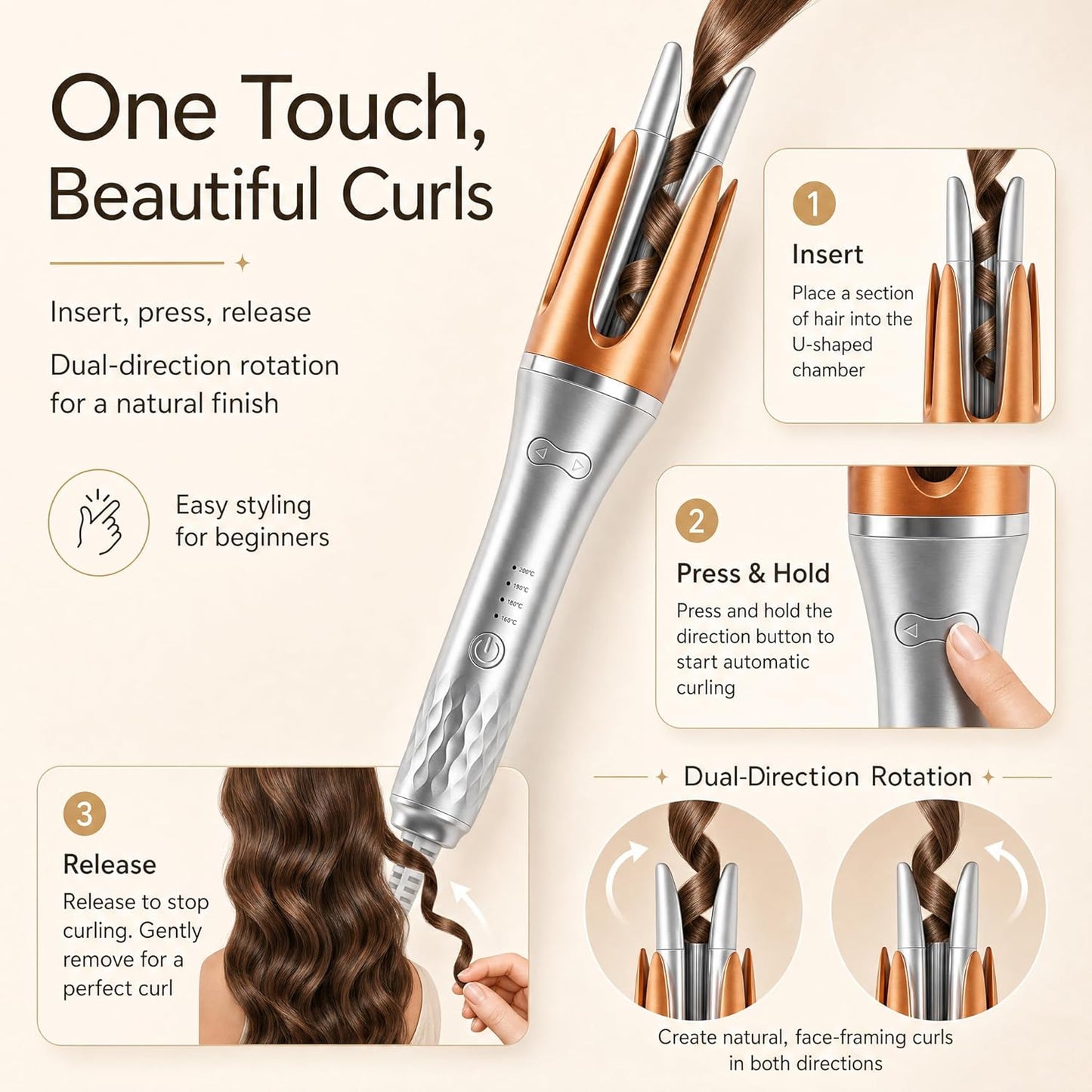 Automatic Curling Iron Ceramic Rotating Hair Styler Silver & Pink 32mm NEW