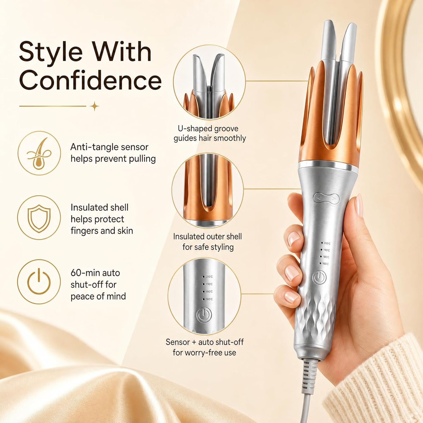 Automatic Curling Iron Ceramic Rotating Hair Styler Silver & Pink 32mm NEW