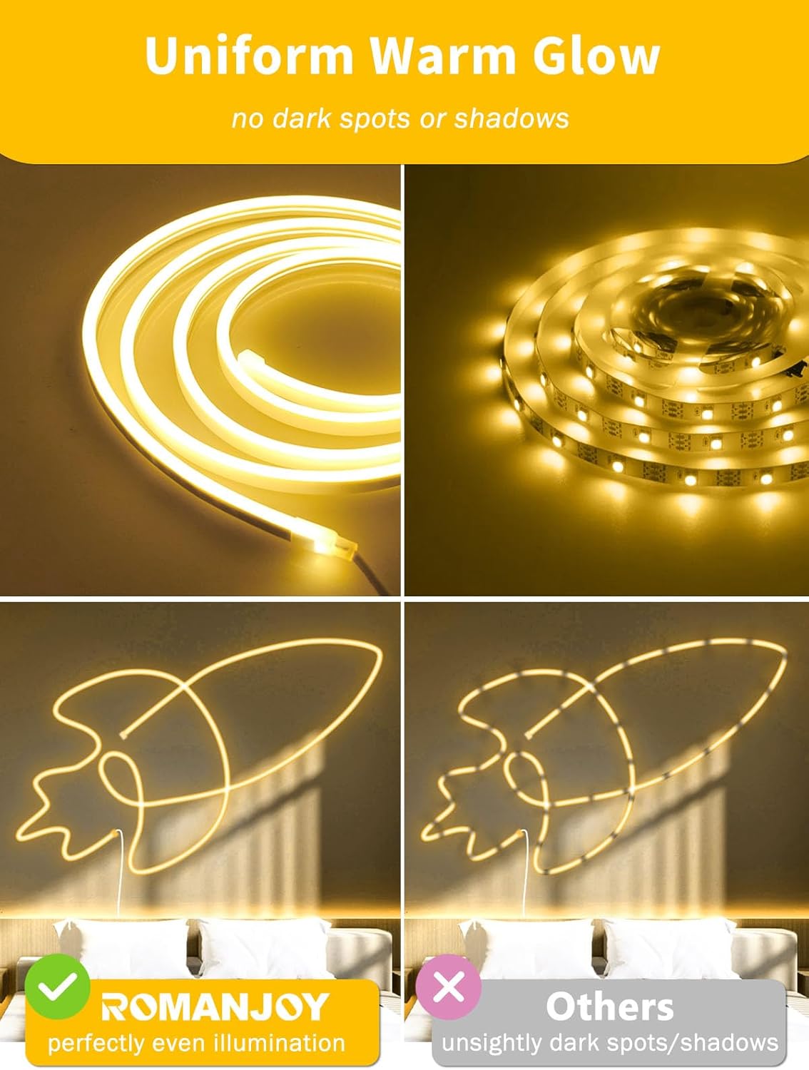 ROMANJOY 10M LED Strips Dimmable LED Strip Lights, Warm White Rope Light DEMO