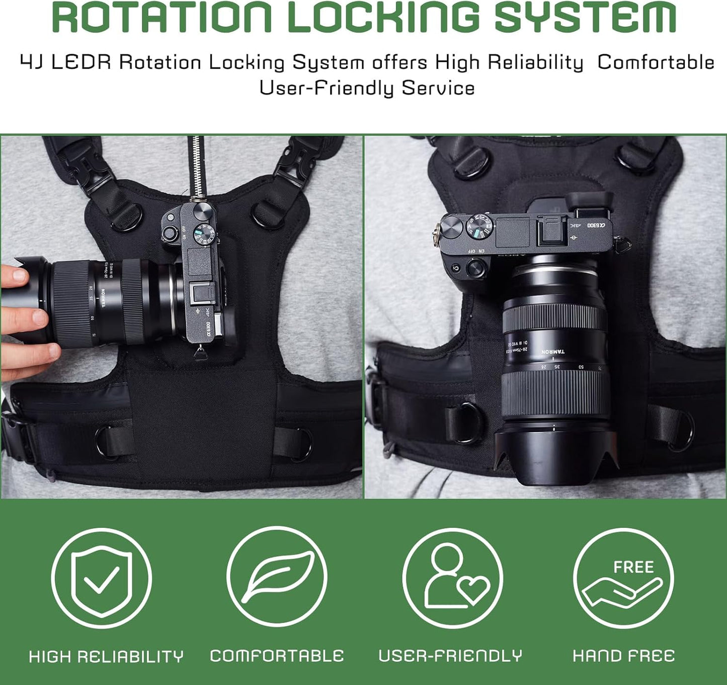 4J LEDR Unisex Adjustable Camera Chest Harness Strap by in Black Size NEW