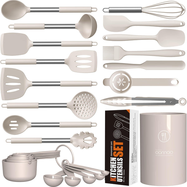 Large Silicone Cooking Spatulas Heat Resistant Kitchen Utensils Set Khaki NEW