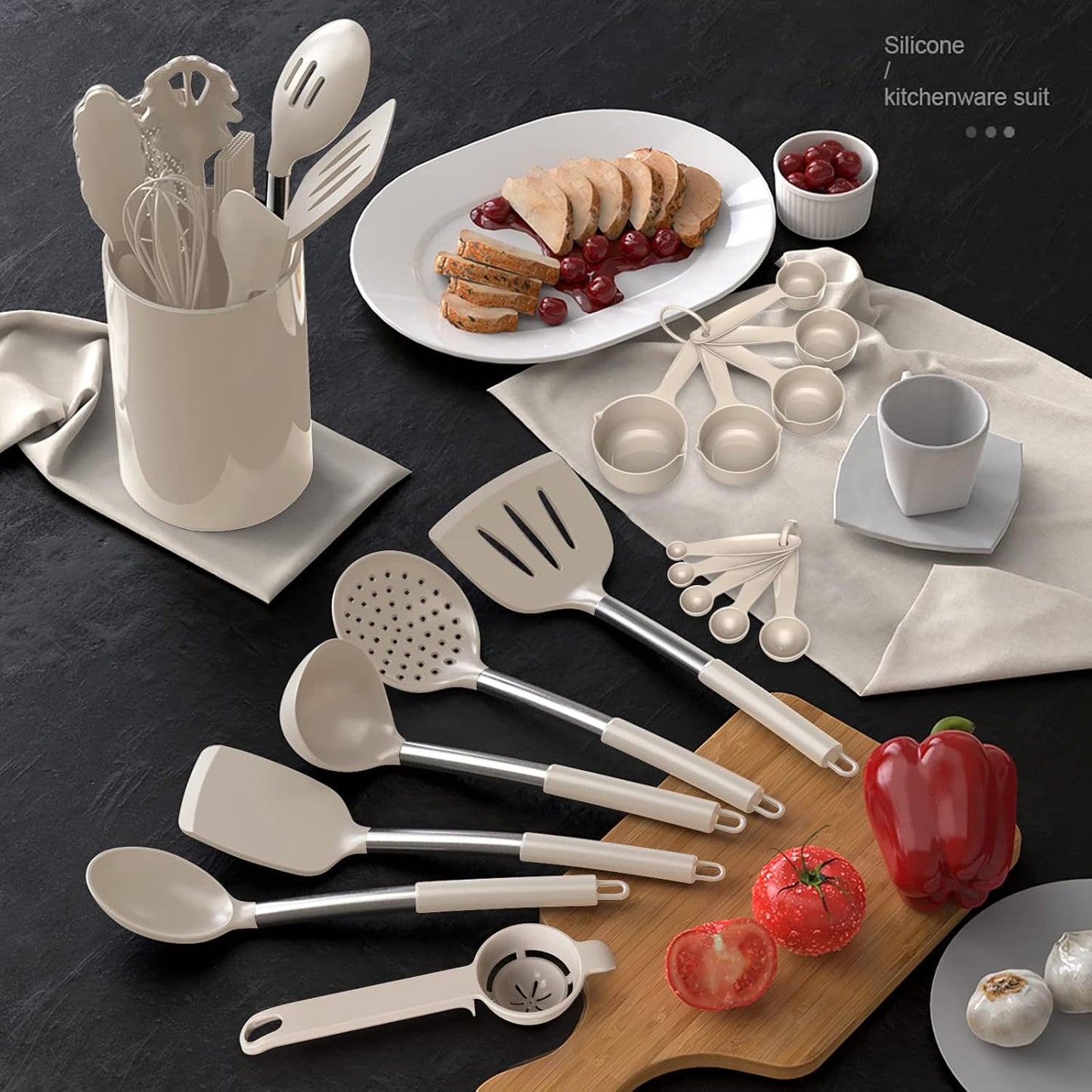 Large Silicone Cooking Spatulas Heat Resistant Kitchen Utensils Set Khaki NEW