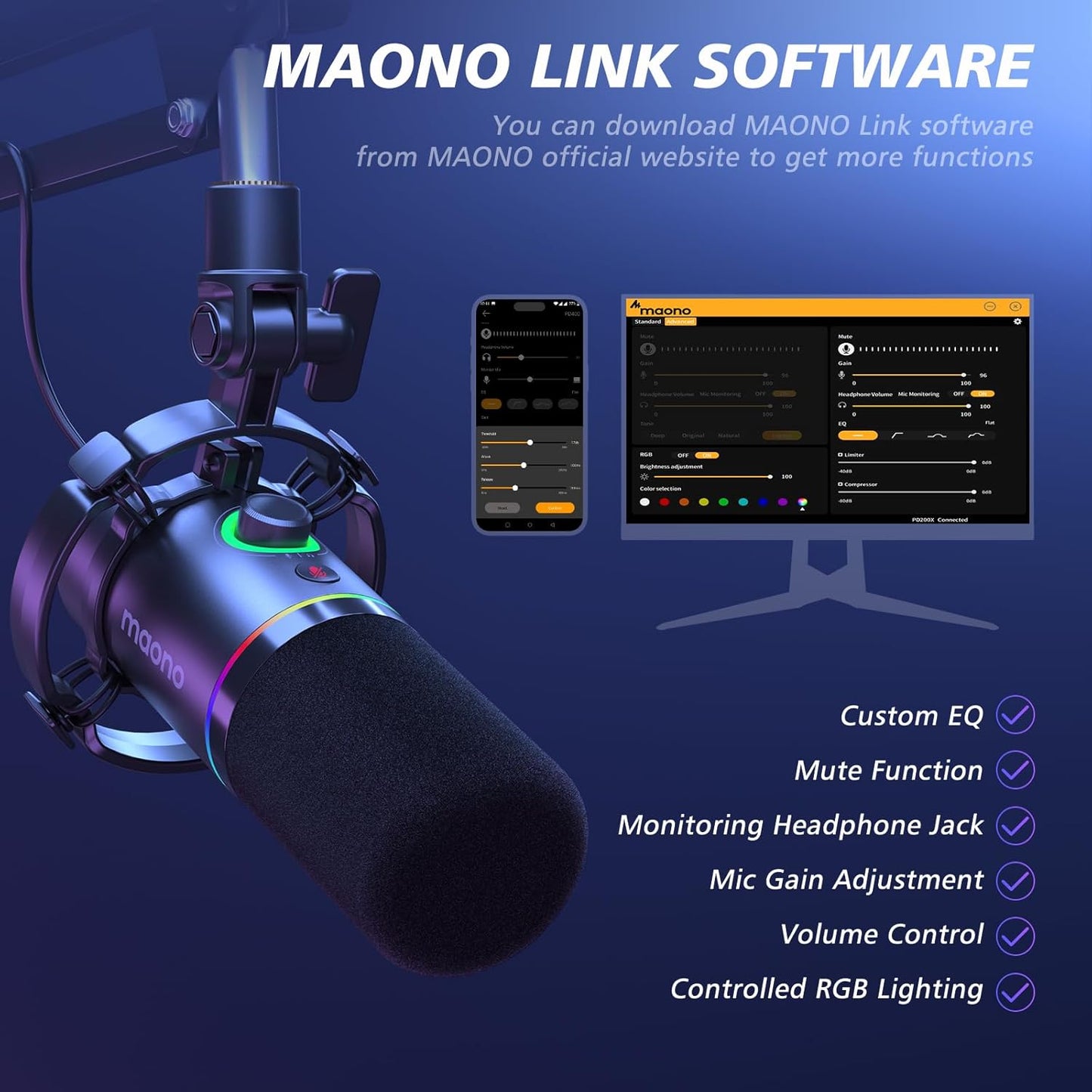 MAONO Dynamic Microphone Kit with RGB Lighting, Mute & Gain Control for NEW