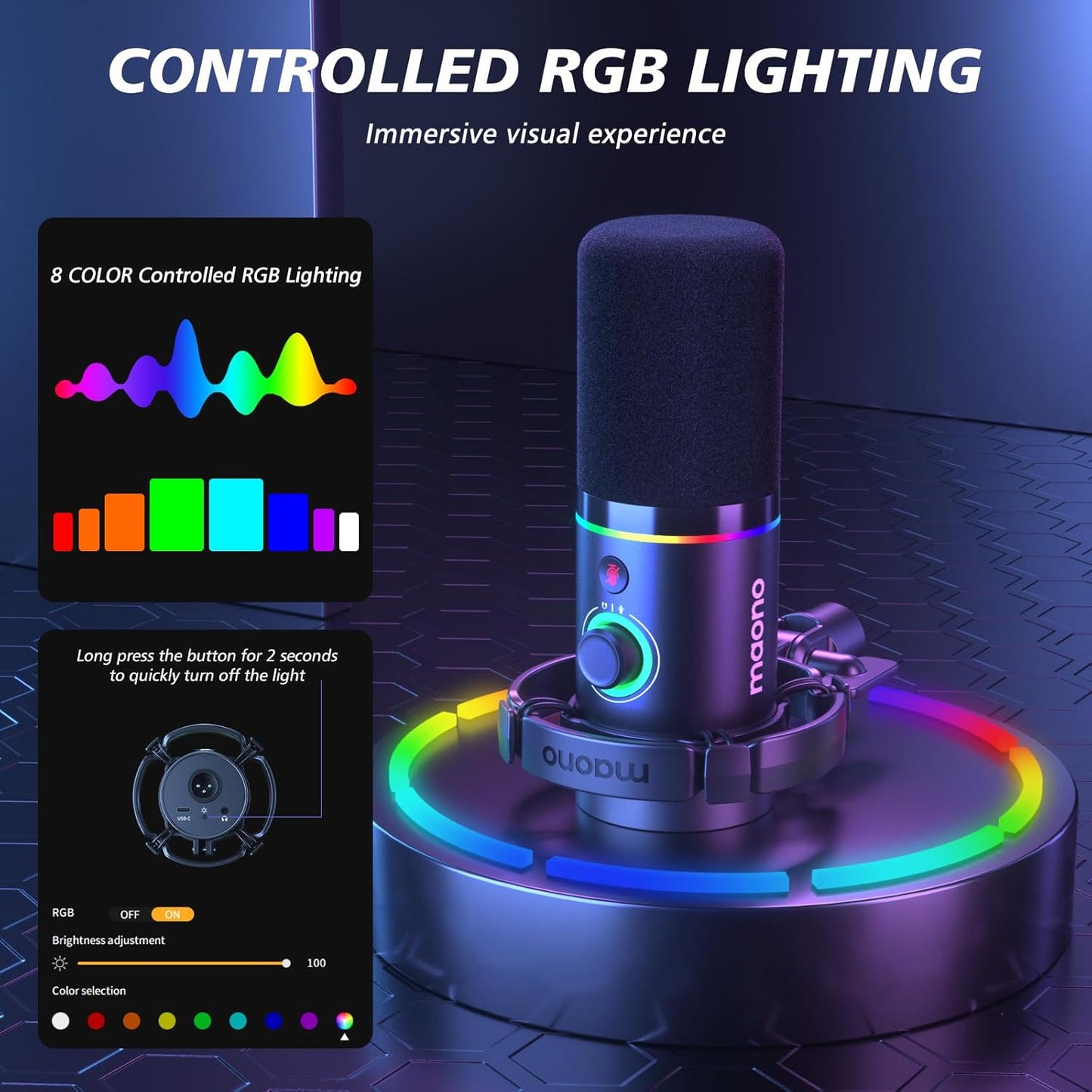 MAONO Dynamic Microphone Kit with RGB Lighting, Mute & Gain Control for NEW