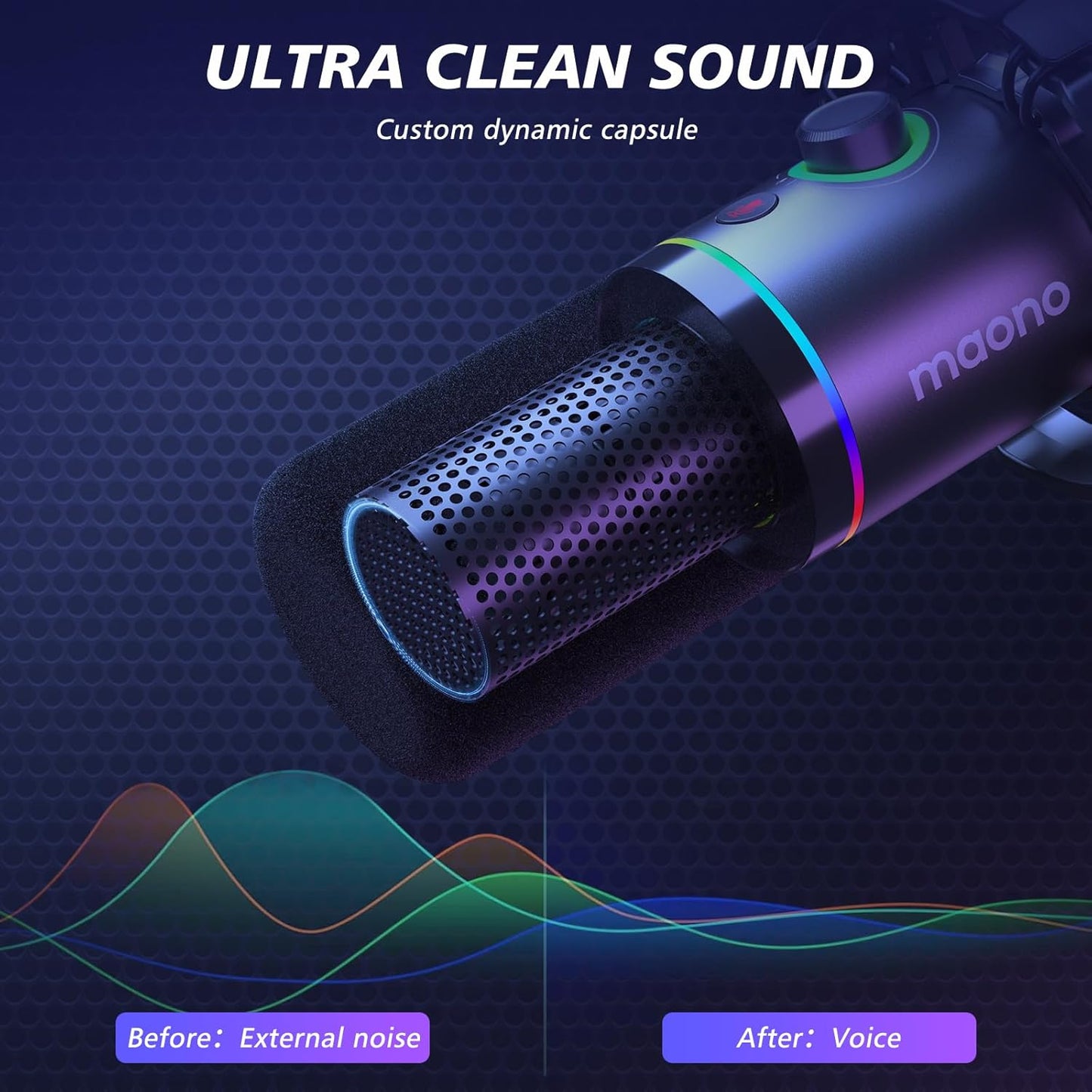 MAONO Dynamic Microphone Kit with RGB Lighting, Mute & Gain Control for NEW