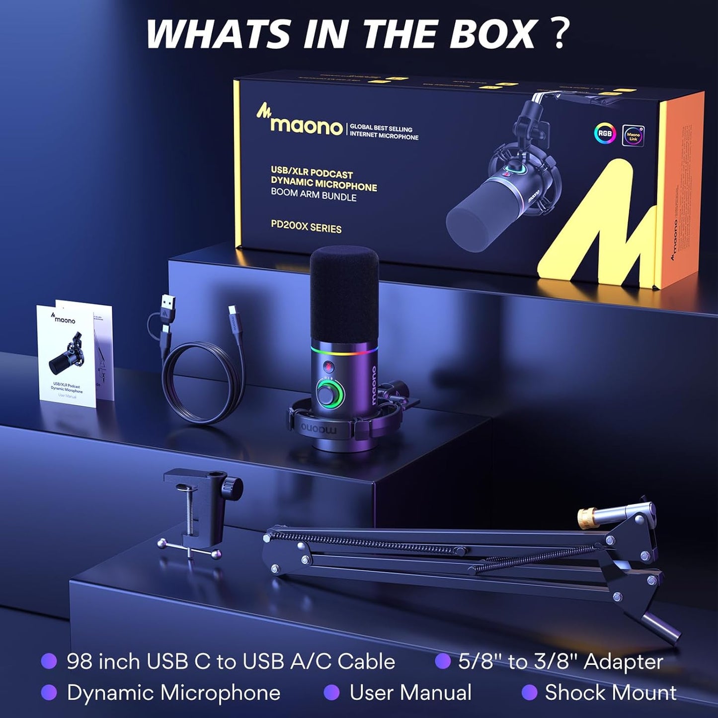 MAONO Dynamic Microphone Kit with RGB Lighting, Mute & Gain Control for NEW
