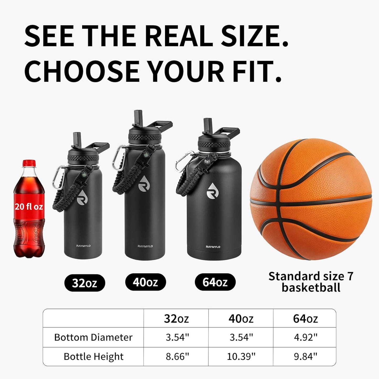 RAYMYLO Insulated Stainless Steel Sports Water Bottle 64oz / 1.89L Black NEW