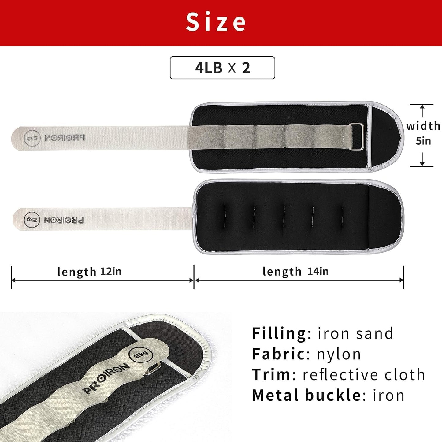 PROIRON Reflective Wrist & Ankle Weights, 2 x 2kg, Black - Adjustable DEMO