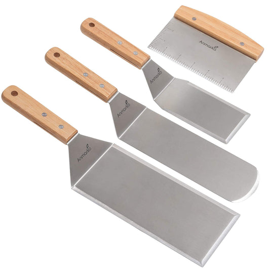 Anmarko Wooden Handle Barbecue Turners Stainless Steel Griddle Scraper 4pcs NEW