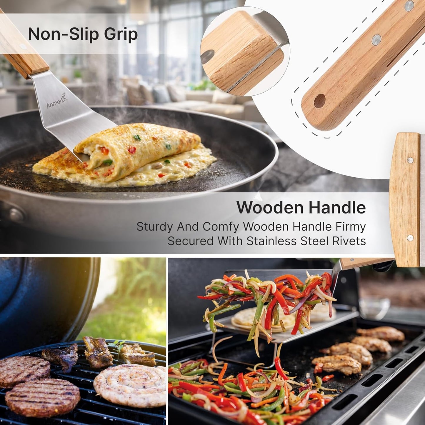 Anmarko Wooden Handle Barbecue Turners Stainless Steel Griddle Scraper 4pcs NEW