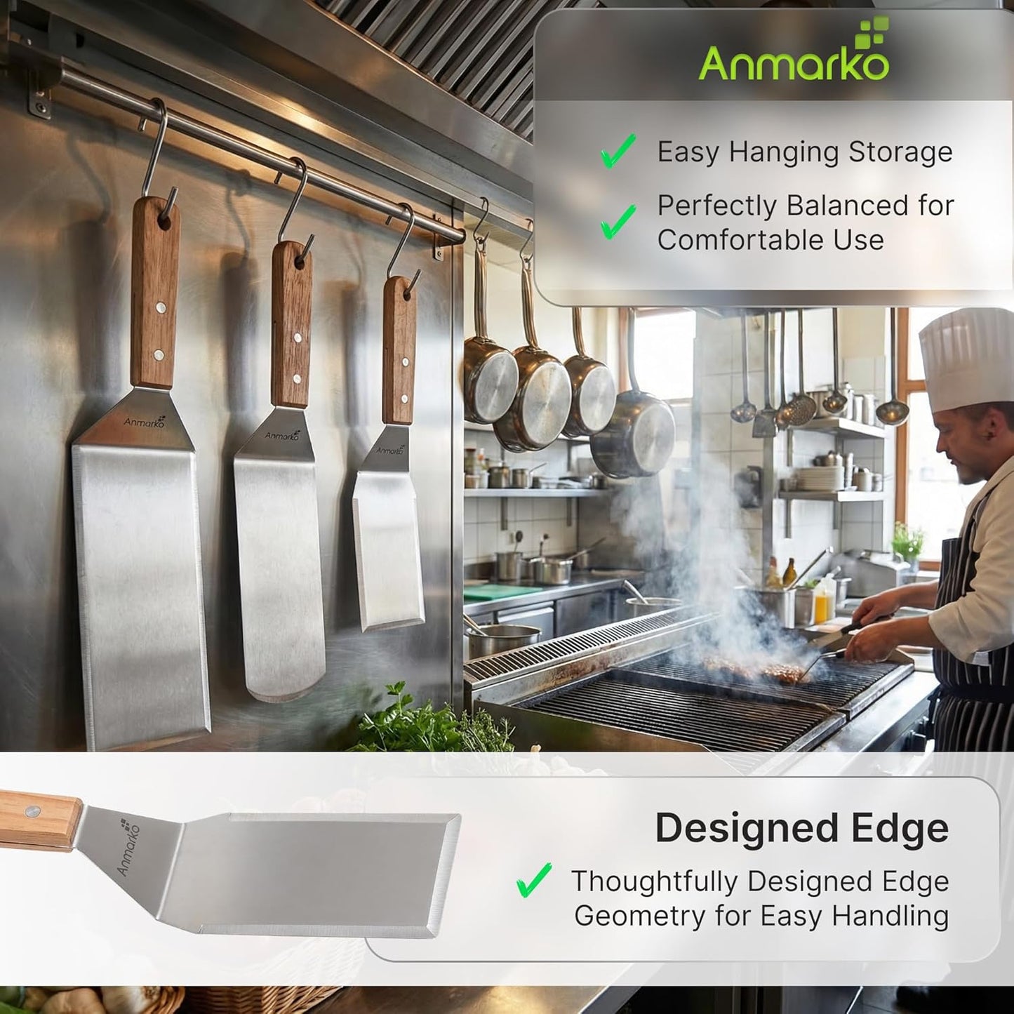 Anmarko Wooden Handle Barbecue Turners Stainless Steel Griddle Scraper 4pcs NEW