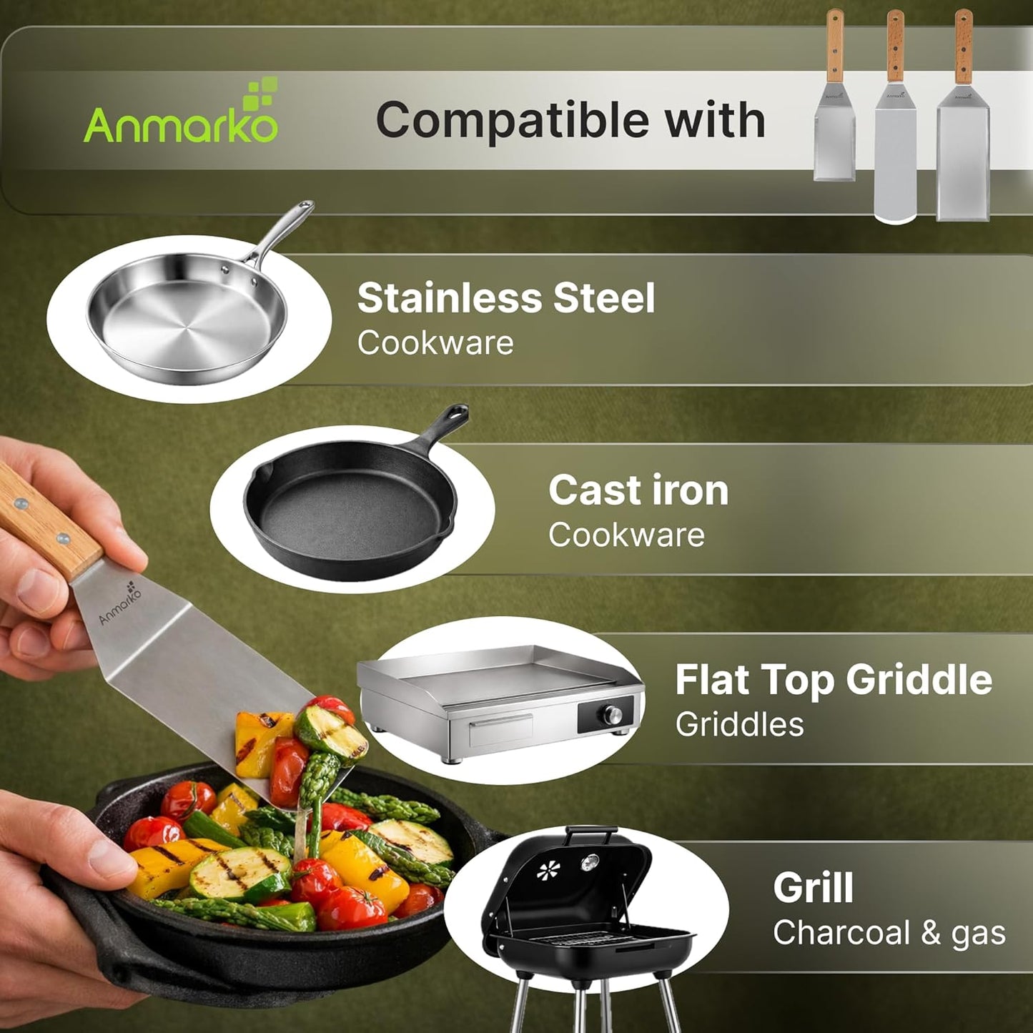 Anmarko Wooden Handle Barbecue Turners Stainless Steel Griddle Scraper 4pcs NEW