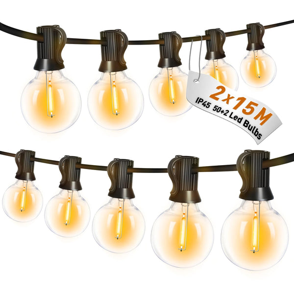 Roshin Outdoor String Lights Extensible 50+2 G4 Warm Festoon Patio 2x15m NEW