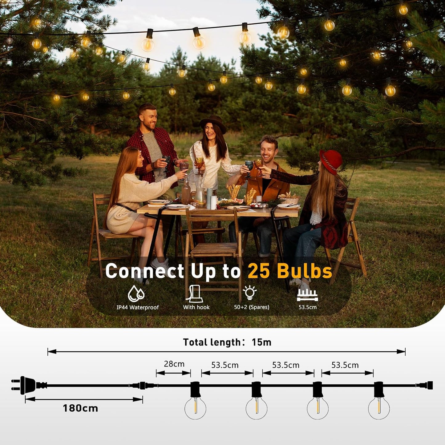 Roshin Outdoor String Lights Extensible 50+2 G4 Warm Festoon Patio 2x15m NEW