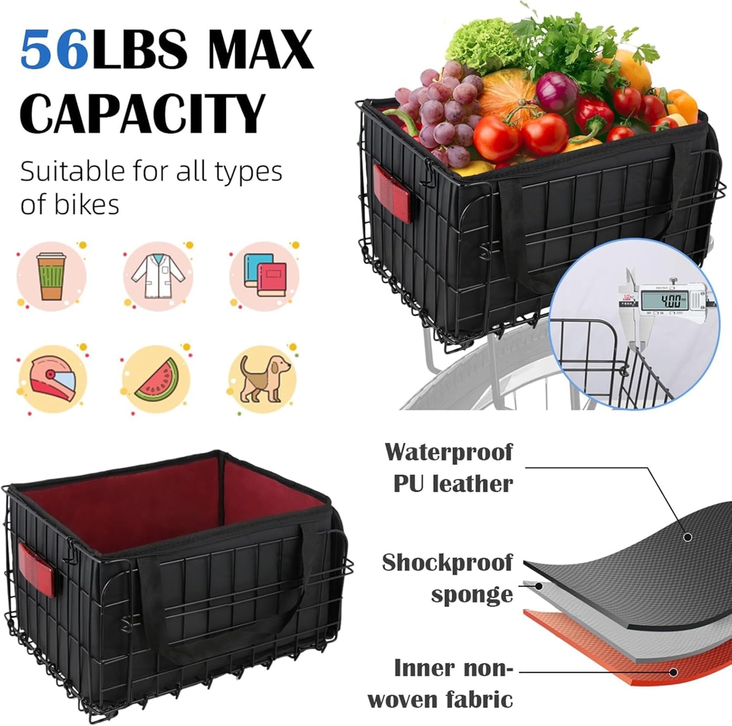 Foldable Bike Basket with Detachable Waterproof Cover, Black Bicycle Size - NEW