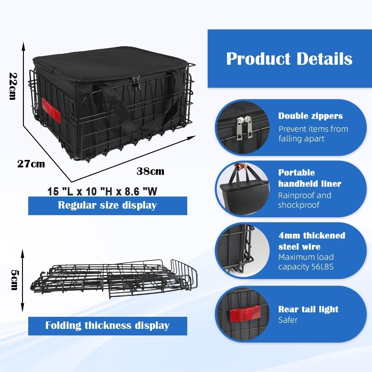 Foldable Bike Basket with Detachable Waterproof Cover, Black Bicycle Size - NEW