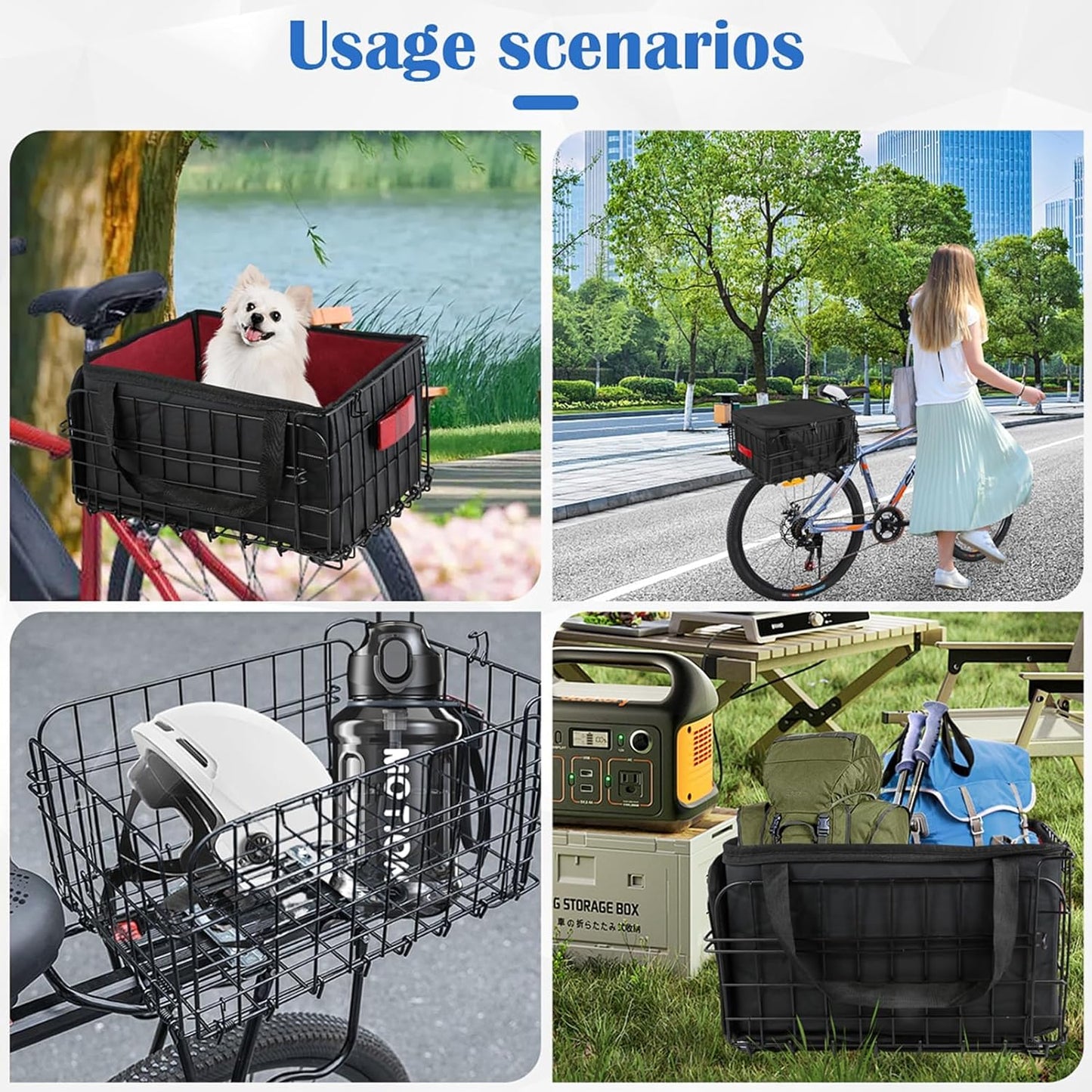 Foldable Bike Basket with Detachable Waterproof Cover, Black Bicycle Size - NEW