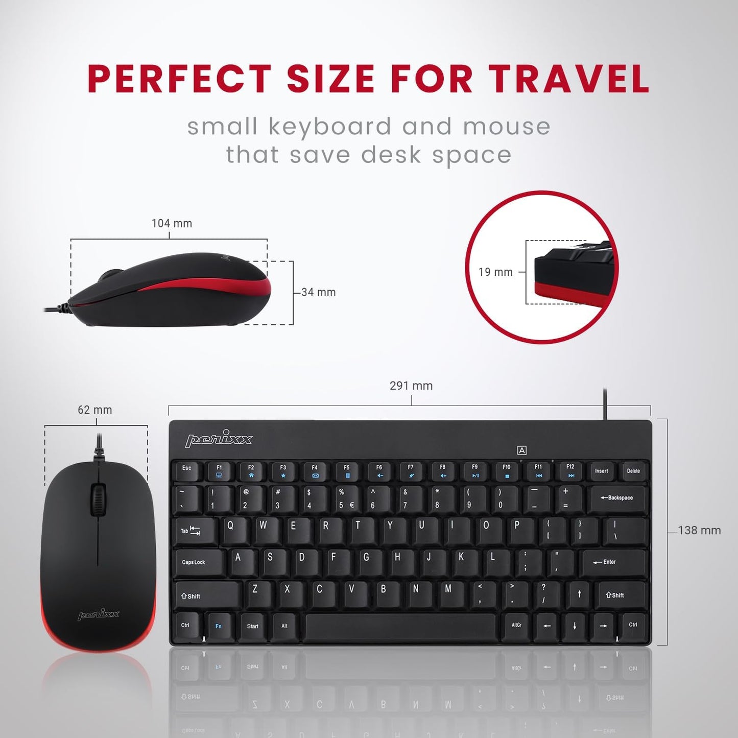 Perixx Wired Mini Keyboard and Mouse Combo Set - Black USB Ergonomic Bundle NEW