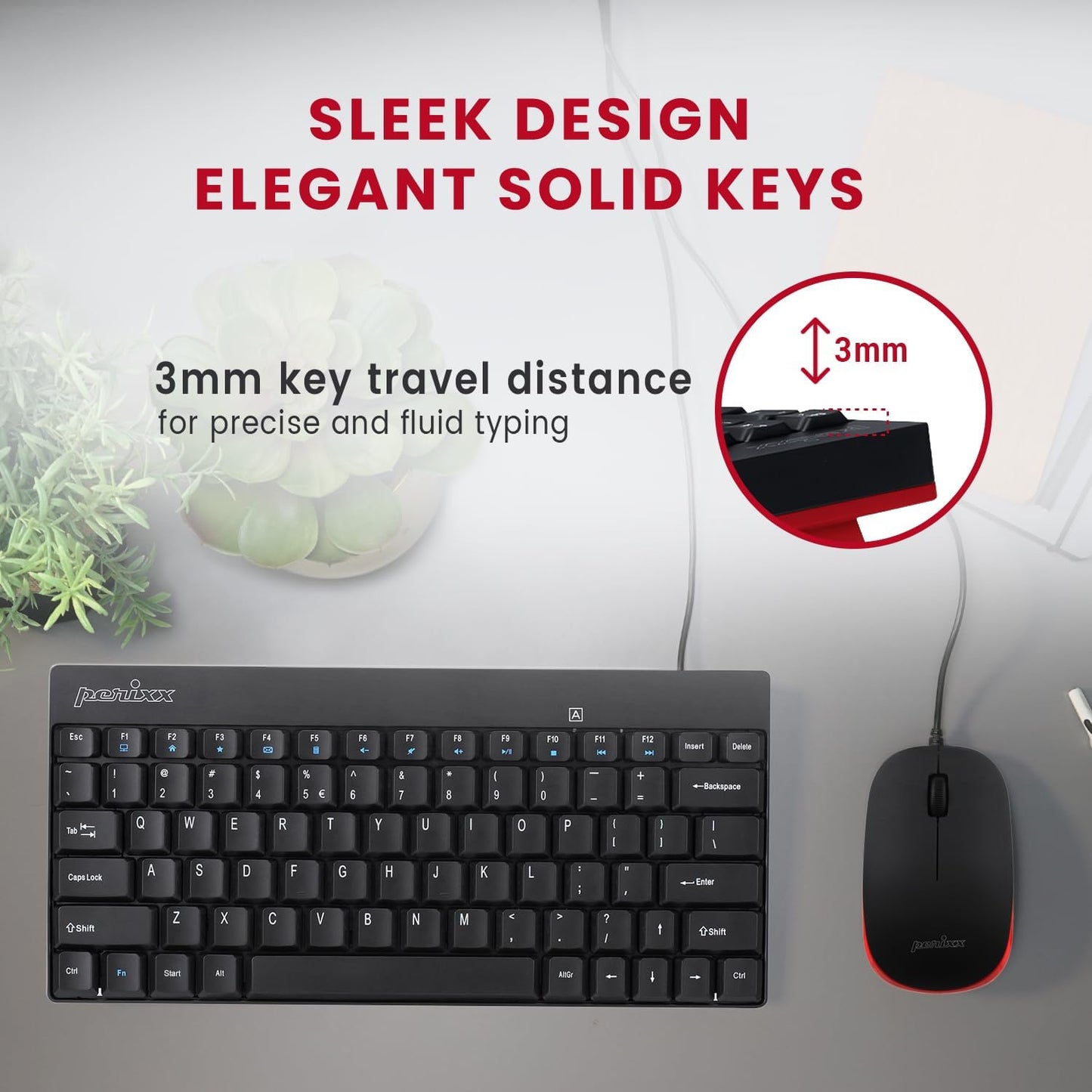 Perixx Wired Mini Keyboard and Mouse Combo Set - Black USB Ergonomic Bundle NEW