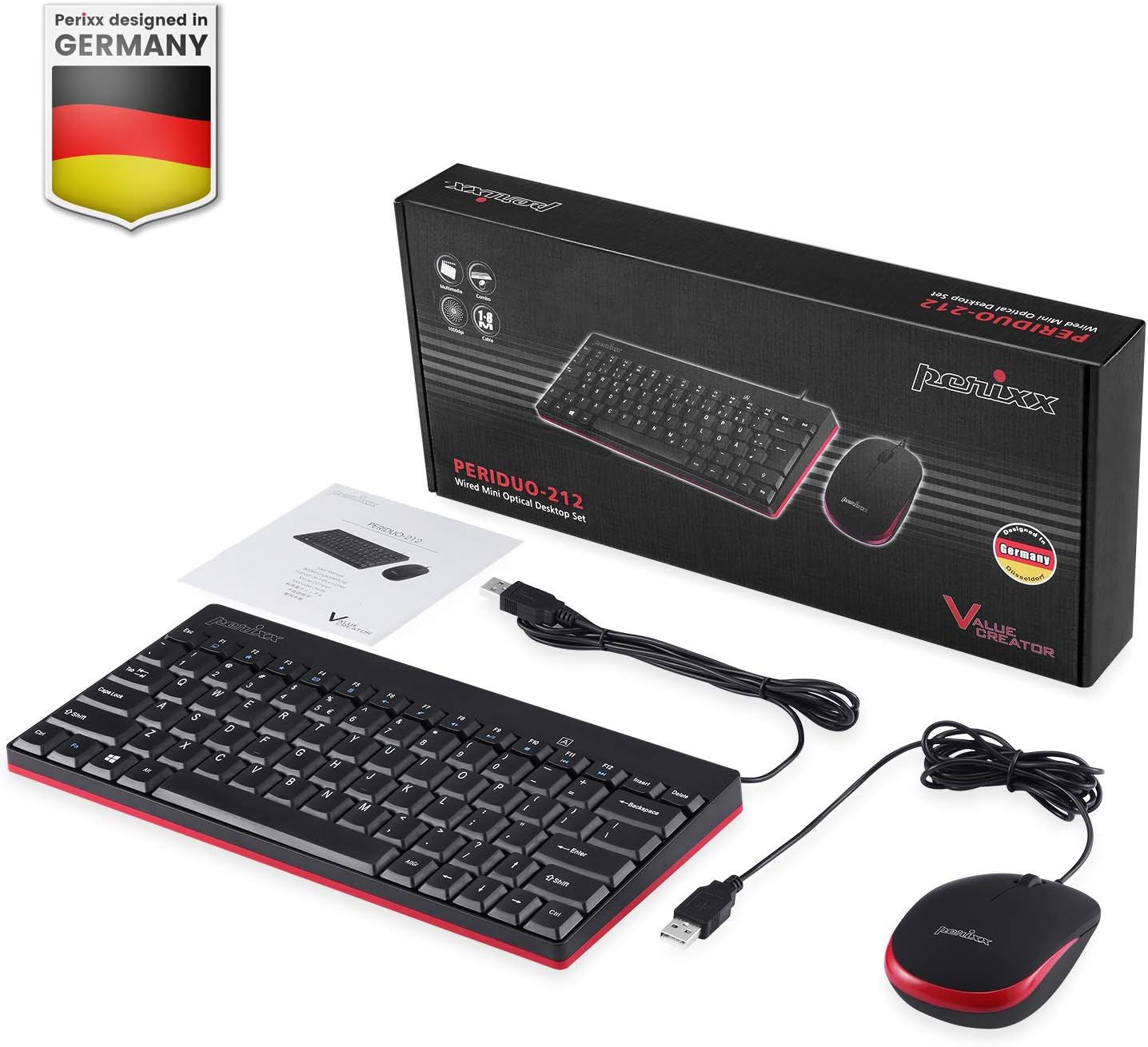 Perixx Wired Mini Keyboard and Mouse Combo Set - Black USB Ergonomic Bundle NEW