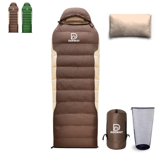 Derway Ultralight 500g Down Rectangular Sleeping Bag for Camping in Coffee NEW