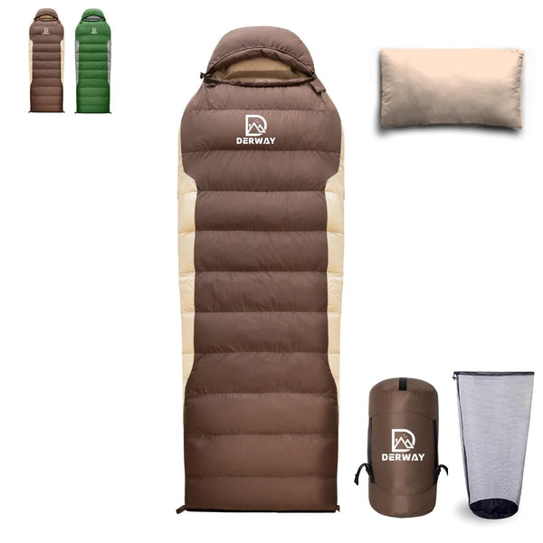 Derway Ultralight 500g Down Rectangular Sleeping Bag for Camping in Coffee NEW