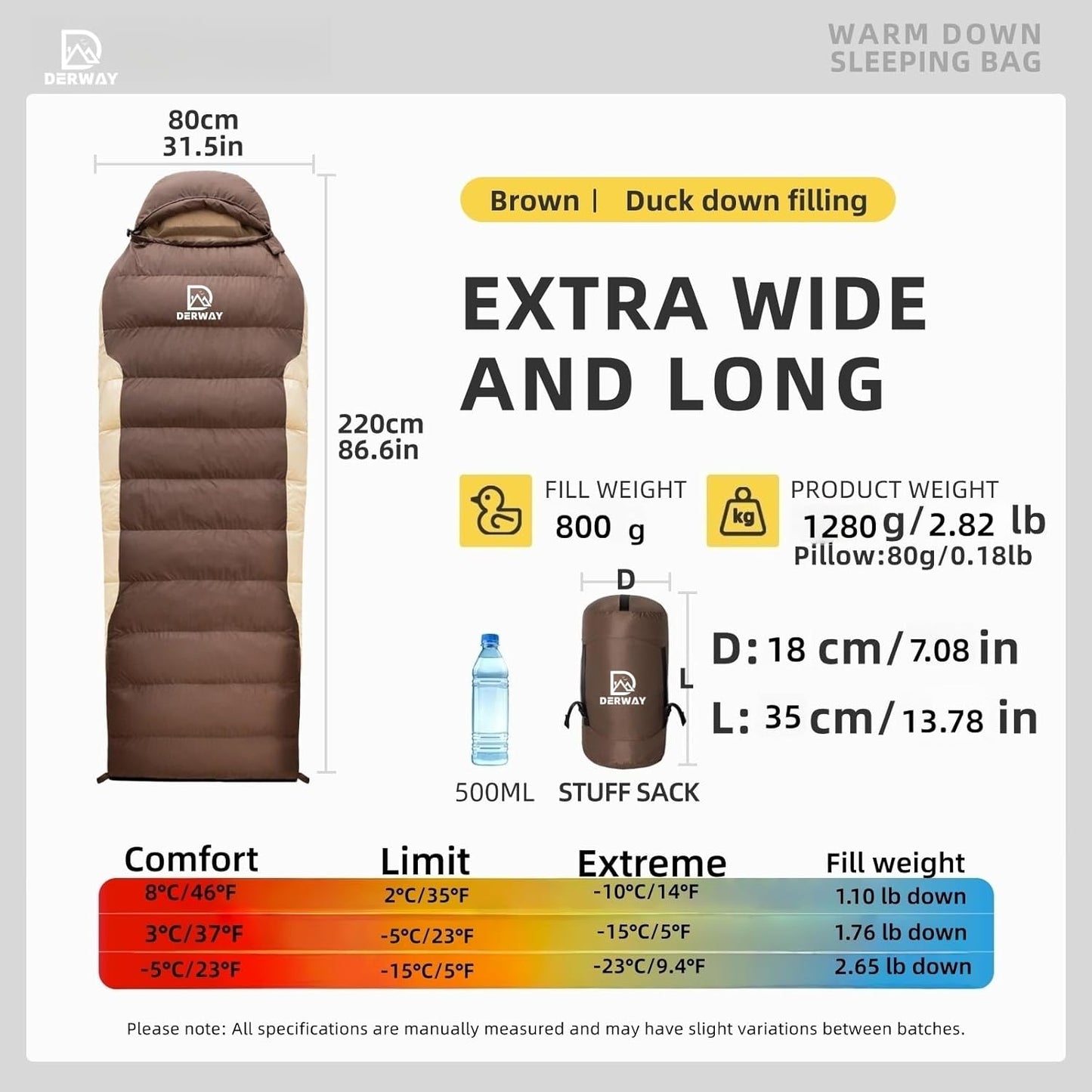 Derway Ultralight 500g Down Rectangular Sleeping Bag for Camping in Coffee NEW