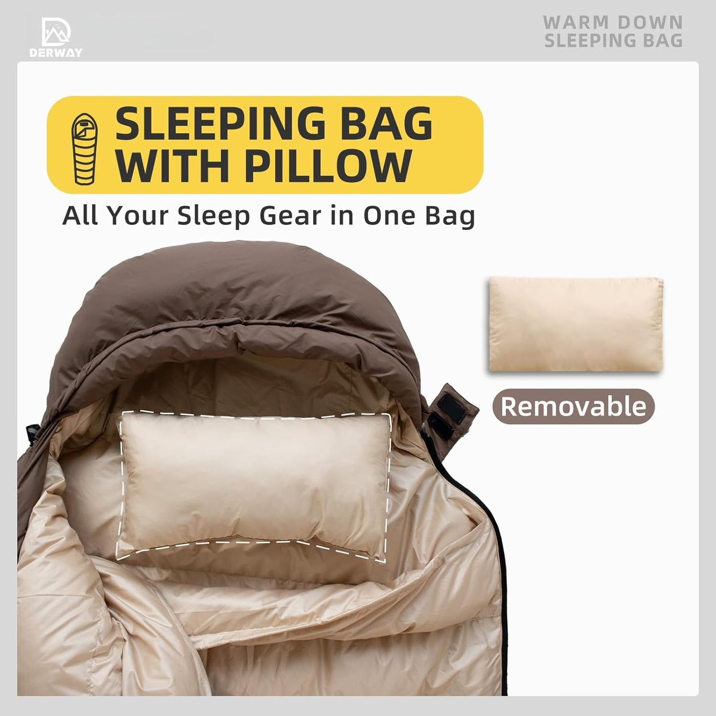 Derway Ultralight 500g Down Rectangular Sleeping Bag for Camping in Coffee NEW