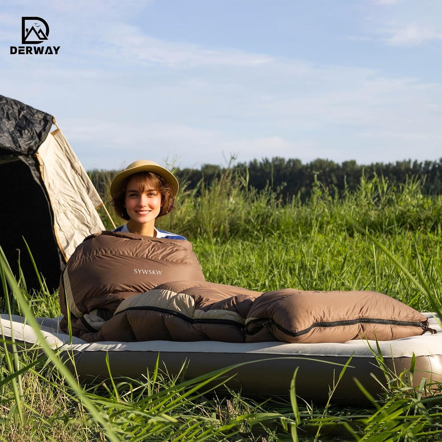 Derway Ultralight 500g Down Rectangular Sleeping Bag for Camping in Coffee NEW
