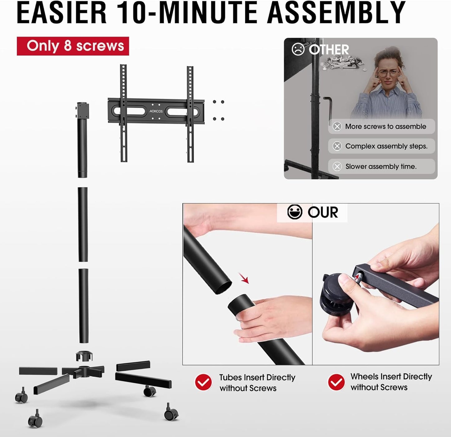 AOKCOS Height Adjustable Mobile TV Stand for 32-65 Inch TVs up to 88 lbs NEW