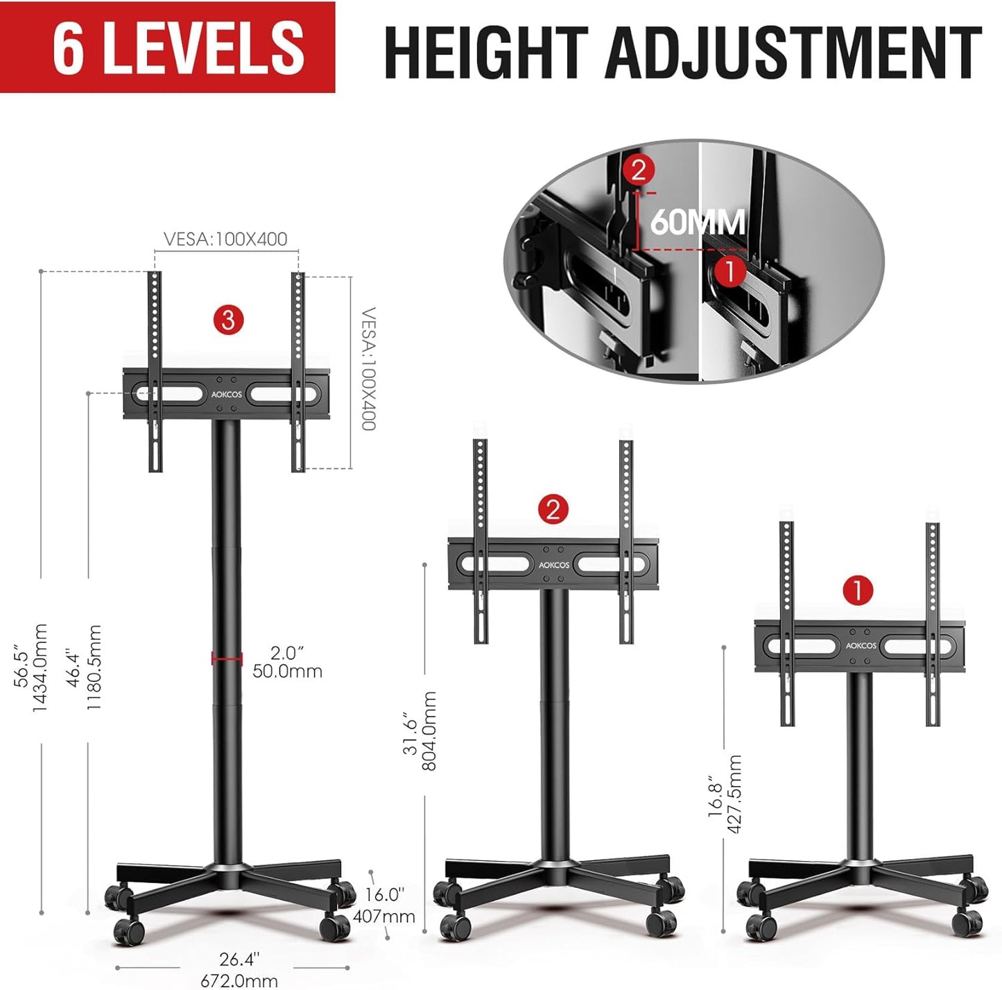 AOKCOS Height Adjustable Mobile TV Stand for 32-65 Inch TVs up to 88 lbs NEW