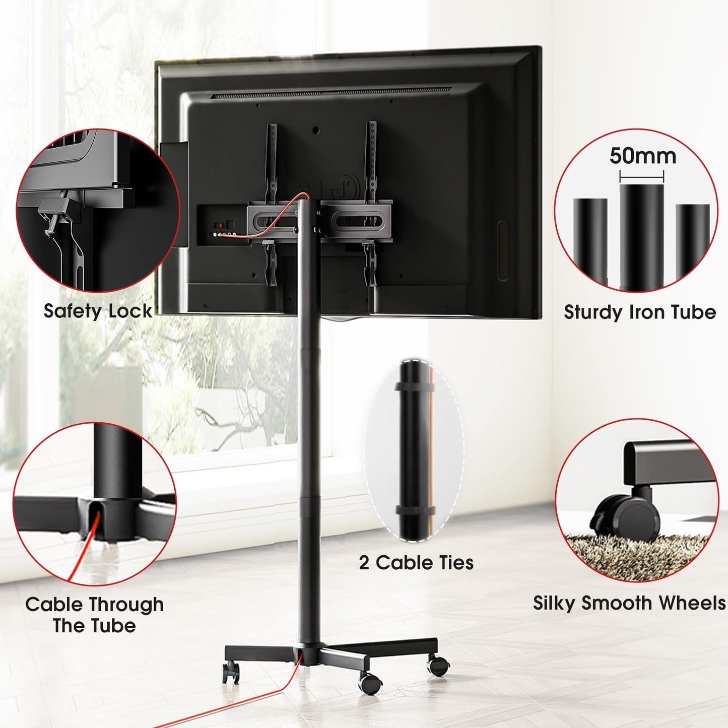 AOKCOS Height Adjustable Mobile TV Stand for 32-65 Inch TVs up to 88 lbs NEW