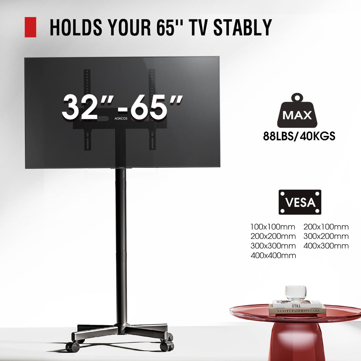 AOKCOS Height Adjustable Mobile TV Stand for 32-65 Inch TVs up to 88 lbs NEW