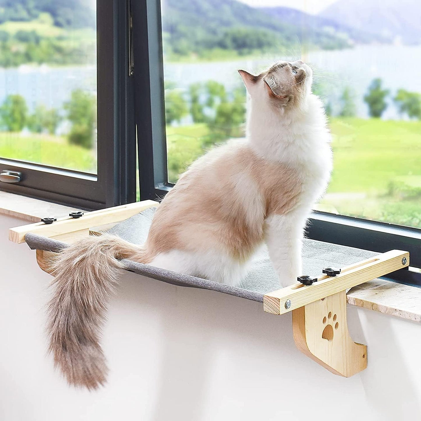 Pudge Grey Adjustable Cat Window Perch Bed Hammock with Wood Frame Size NEW