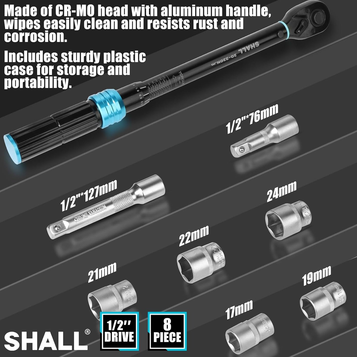 Shall 8-Piece Hand Tools Torque Wrench Set 1/2" Dual Direction Adjustable DEMO
