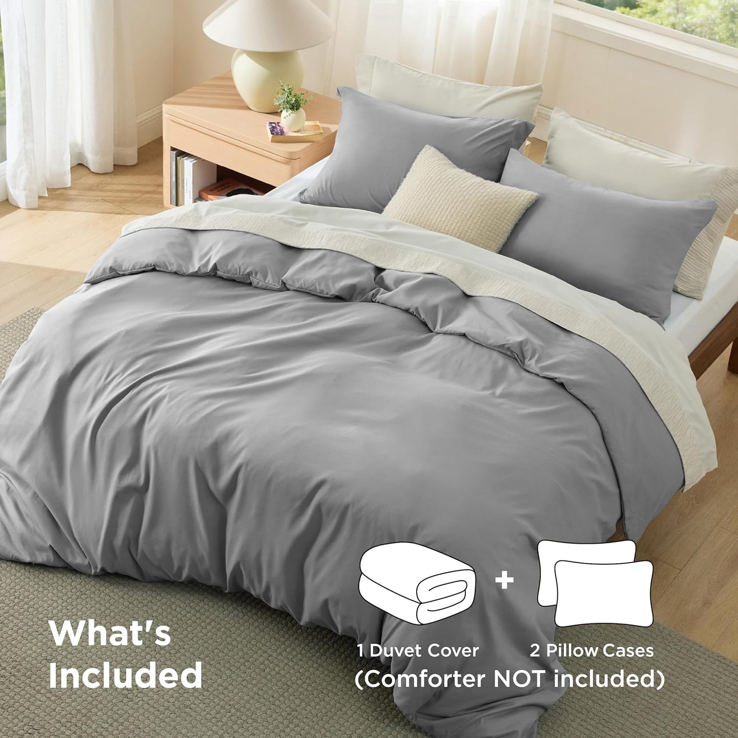 Bedsure Grey Soft Brushed Polyester Duvet Cover Set Queen Size Bedding NEW