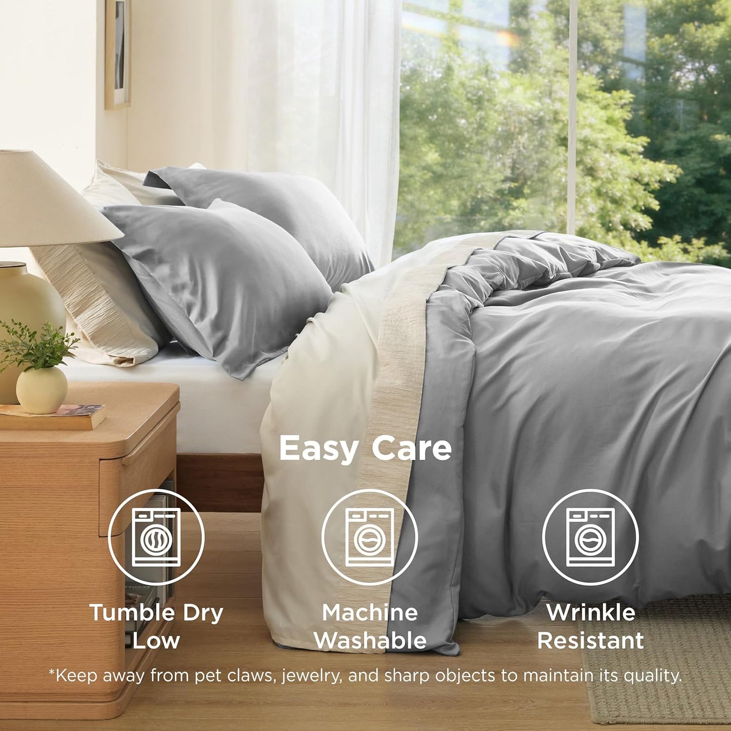 Bedsure Grey Soft Brushed Polyester Duvet Cover Set Queen Size Bedding NEW