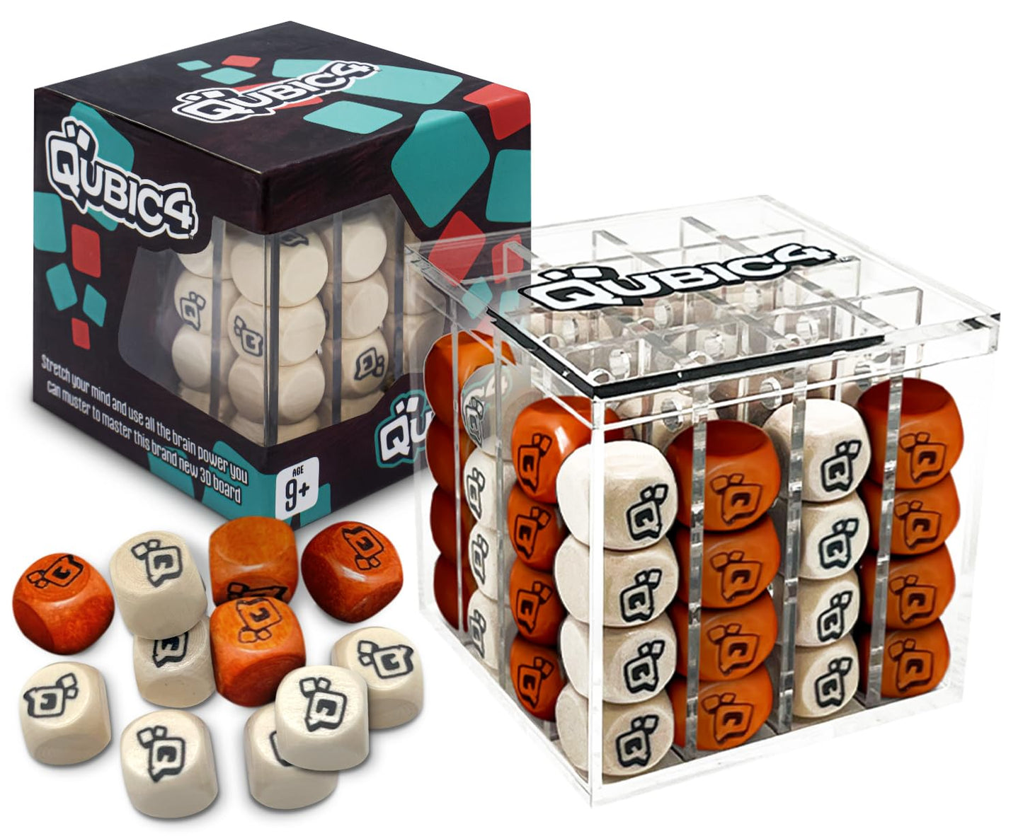 Qubic4 3D Strategy Board Game Classic 4-in-a-Row Red & Natural Wood Size NEW