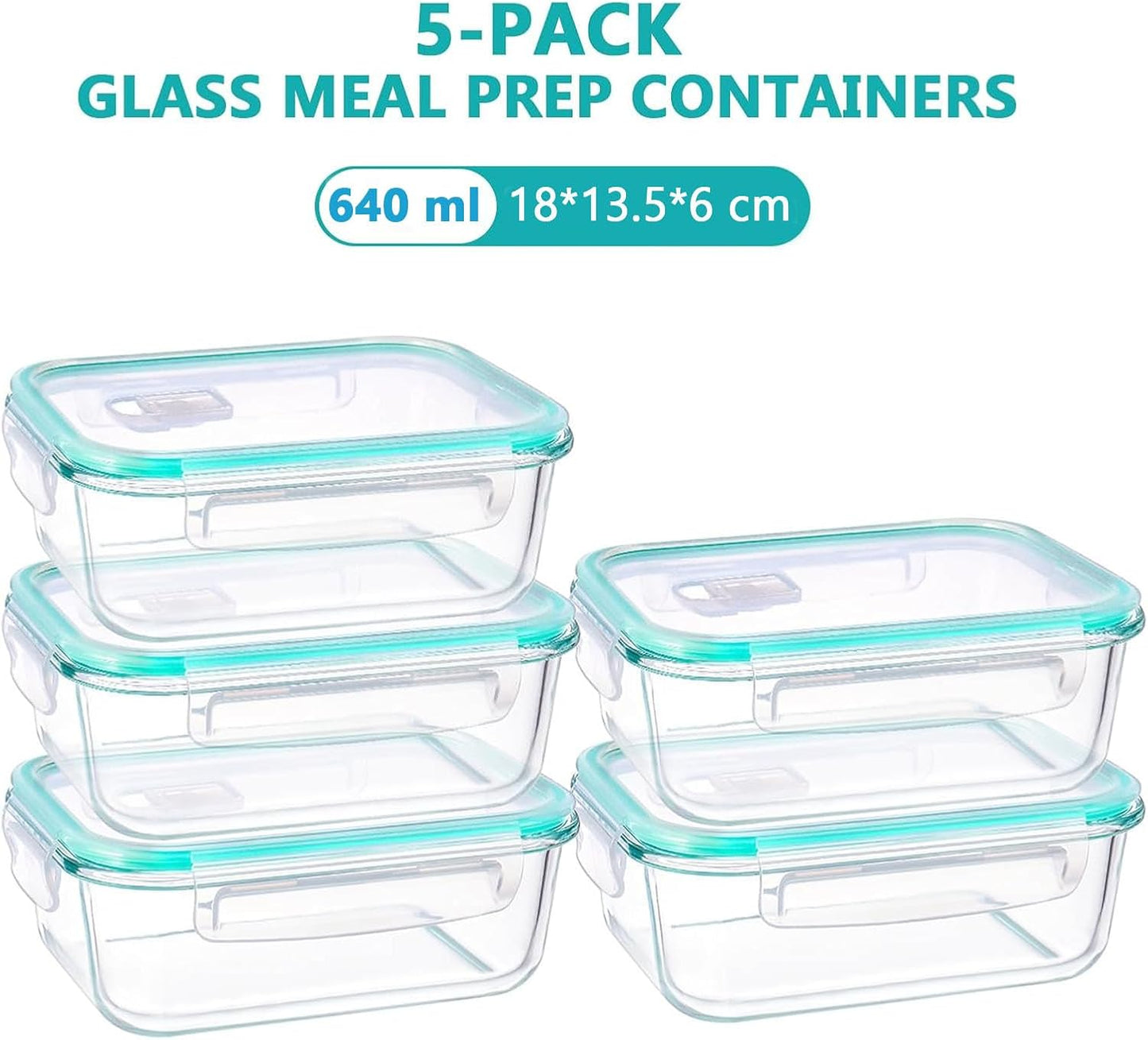 Feshory 5-Pack Container Sets Airtight Glass Food Storage Containers, 640ml NEW