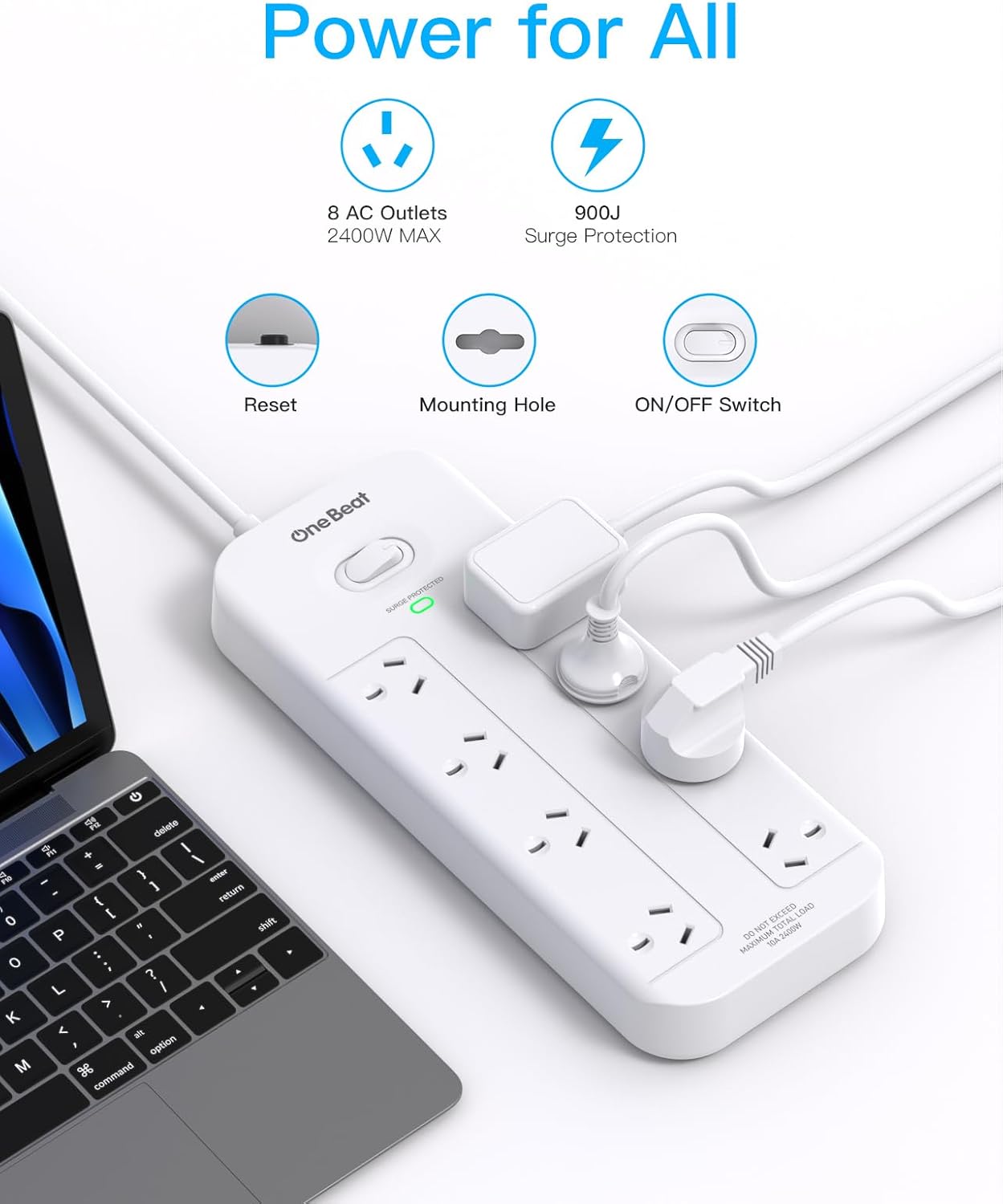 One Beat 8-Outlet Power Strip with USB Charging Ports, White, for Home & NEW