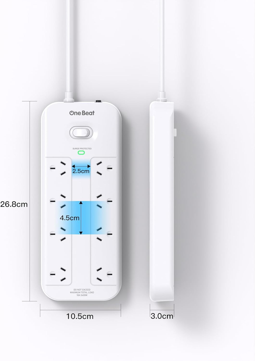 One Beat 8-Outlet Power Strip with USB Charging Ports, White, for Home & NEW