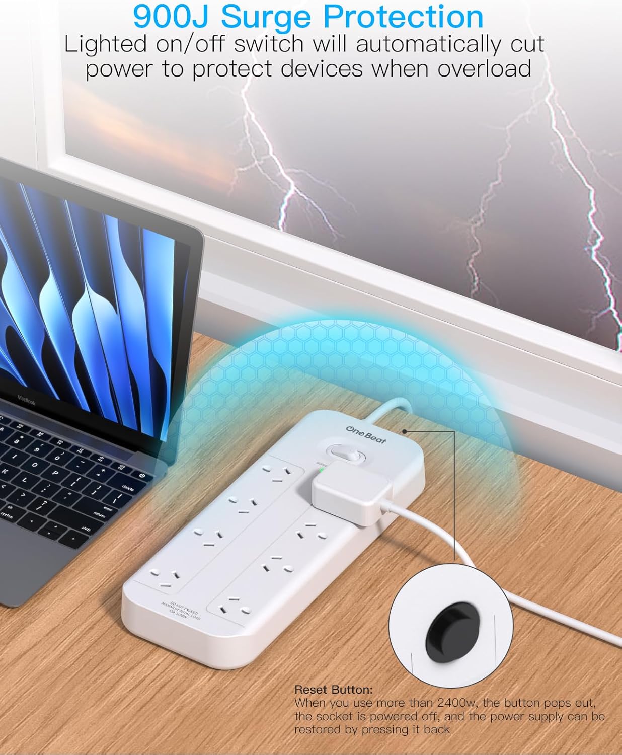 One Beat 8-Outlet Power Strip with USB Charging Ports, White, for Home & NEW