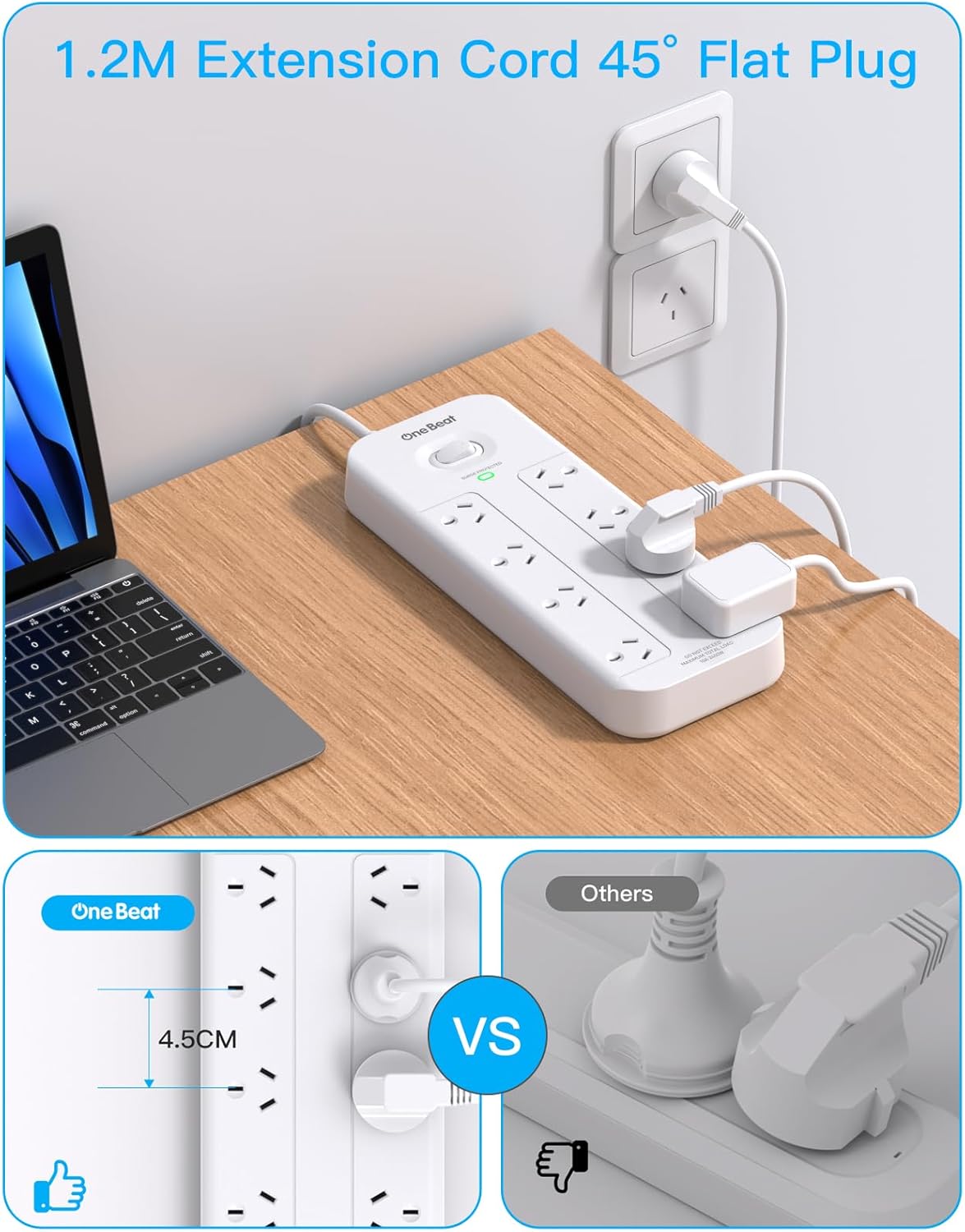 One Beat 8-Outlet Power Strip with USB Charging Ports, White, for Home & NEW