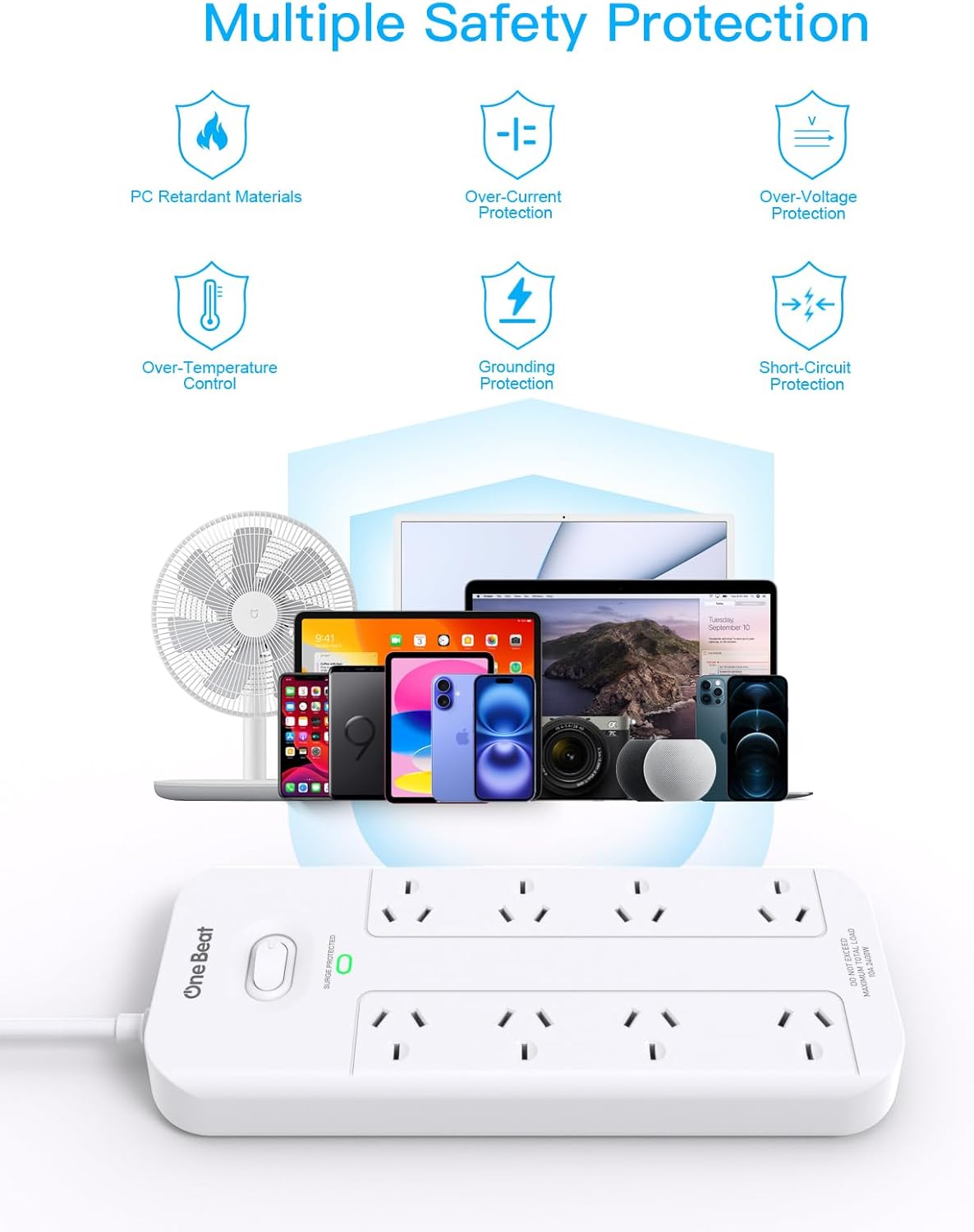 One Beat 8-Outlet Power Strip with USB Charging Ports, White, for Home & NEW