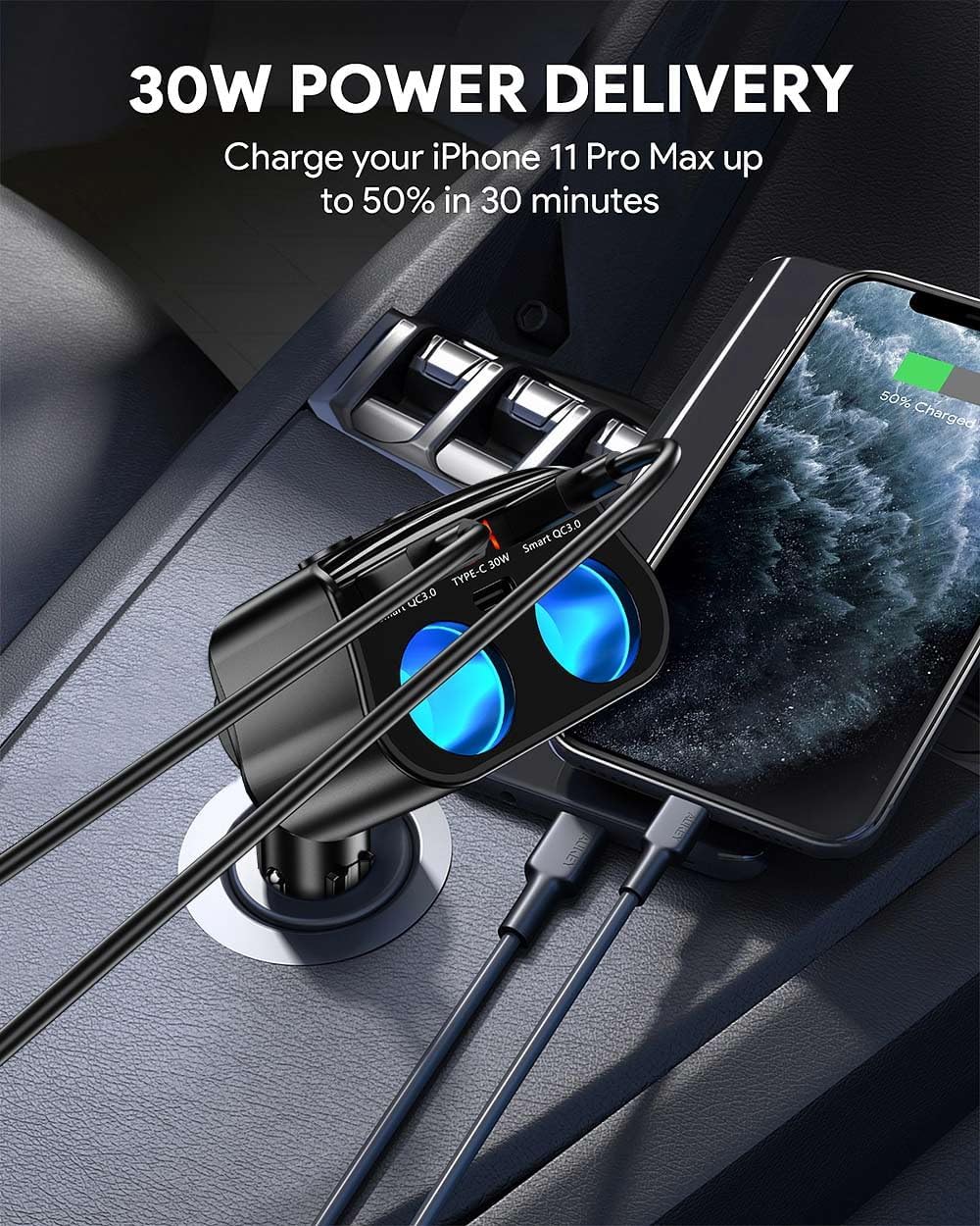 150W Cigarette Lighter Adapter with Quick Charge USB 3.0 & Type-C Ports, DEMO