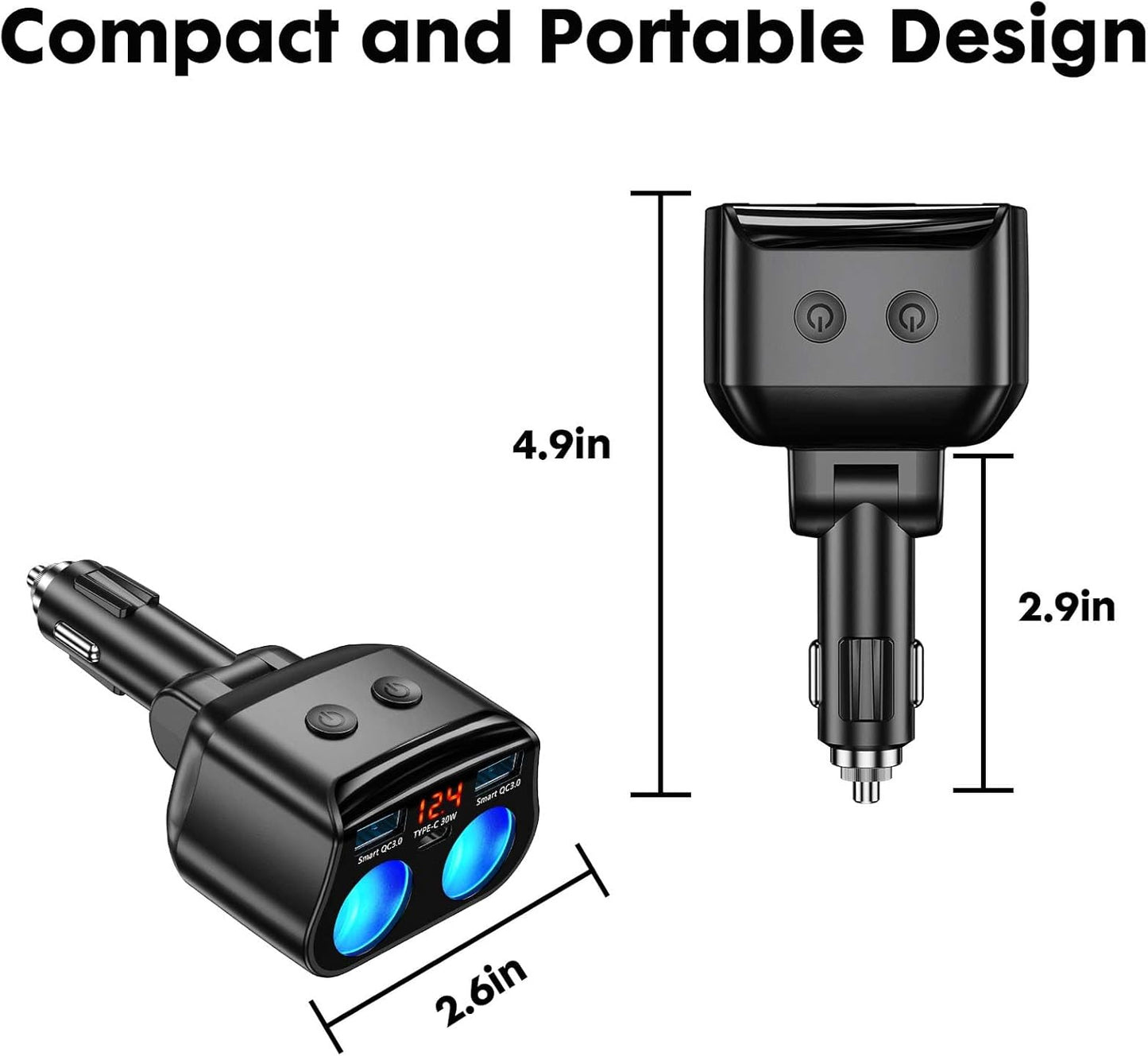 150W Cigarette Lighter Adapter with Quick Charge USB 3.0 & Type-C Ports, DEMO