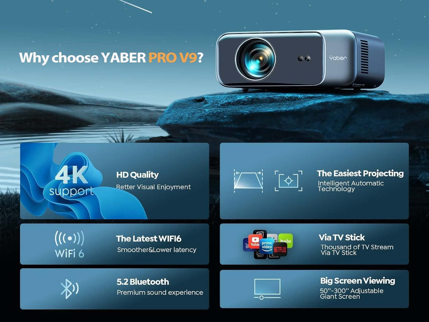 YABER Pro Projectors 4K WiFi Bluetooth Projector for Home Theater, Black -